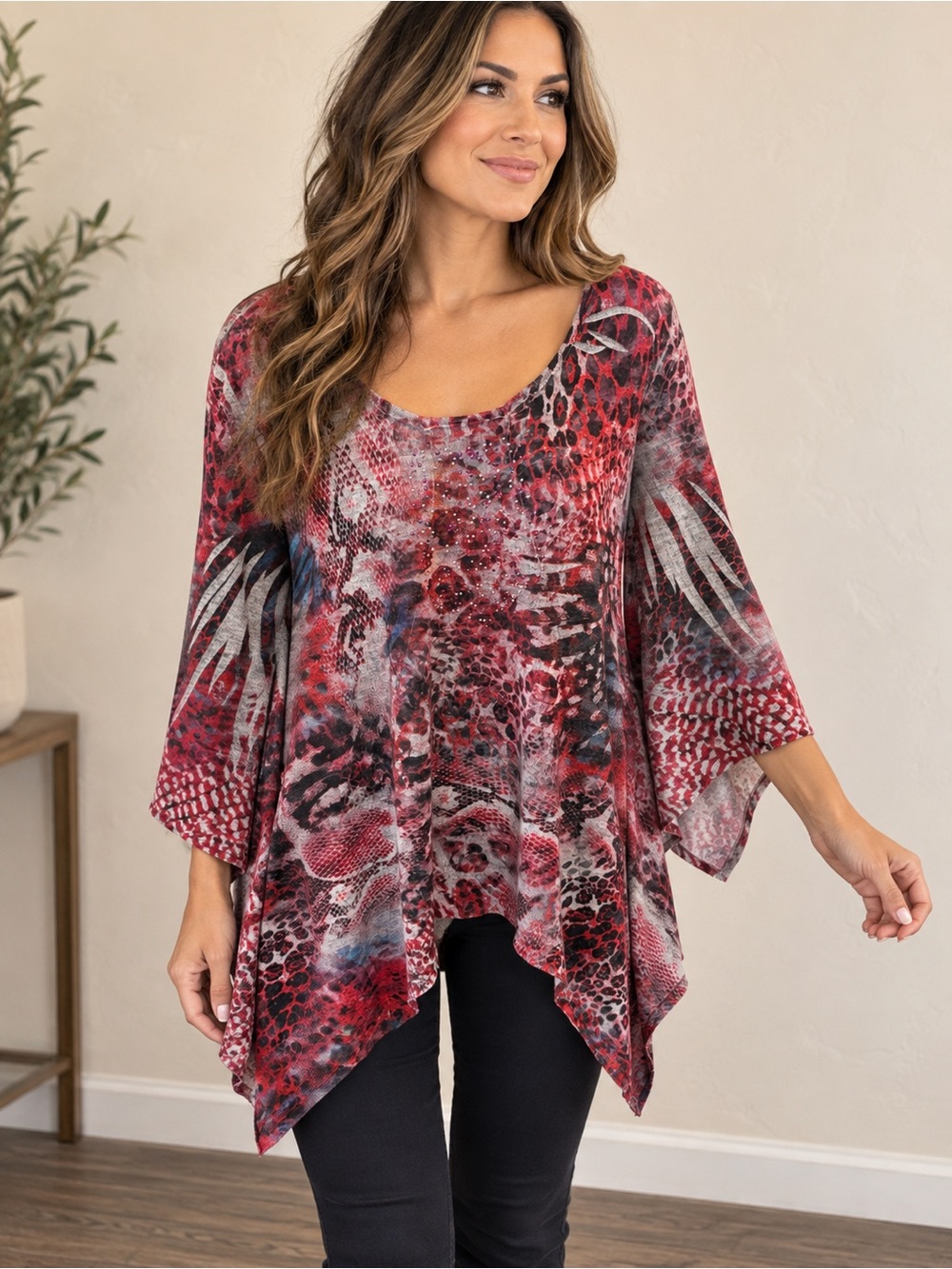 ONE WORLD Red Multi-Pattern Scoop Neck Tunic